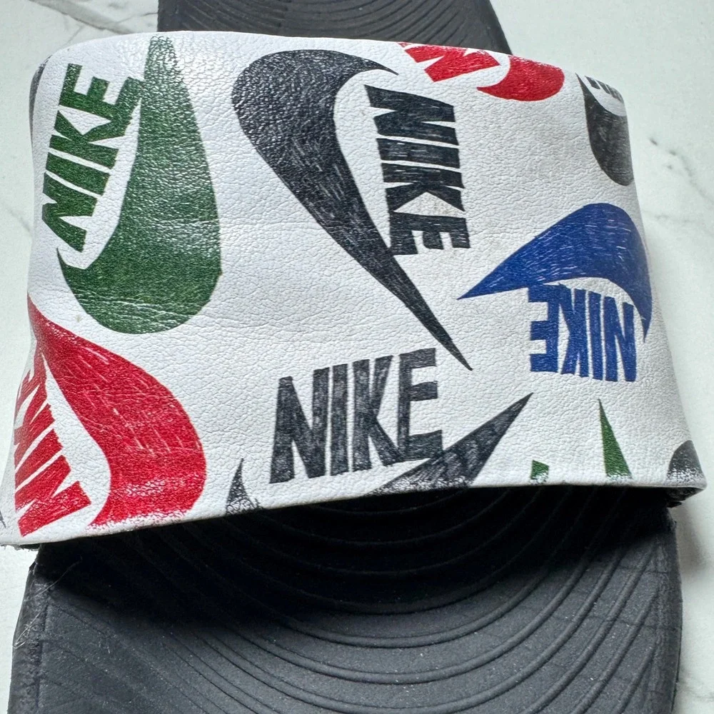 Nike Benassi JDI Print Slides Mens White Multi Color Logo Sandals 631261-101